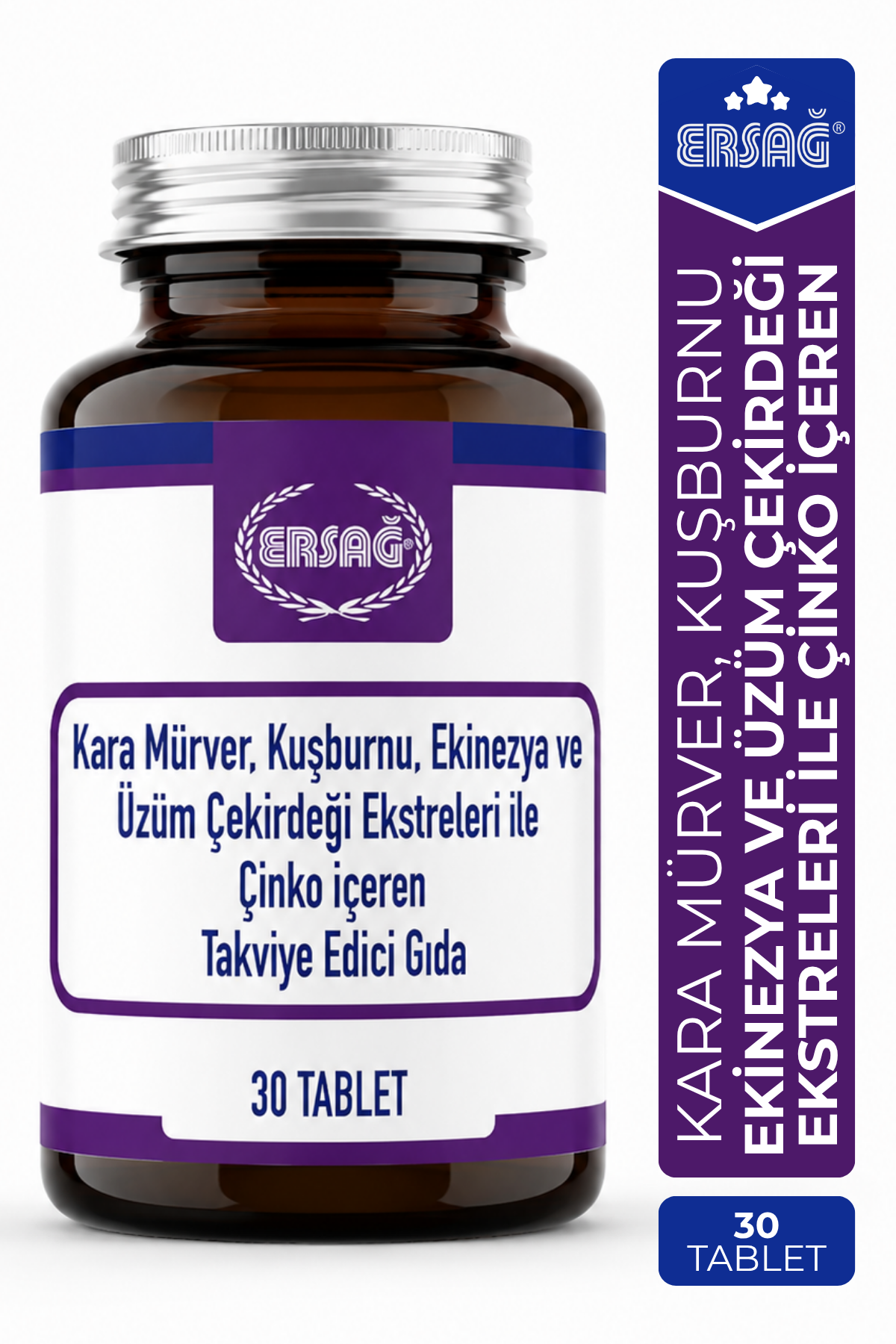 ERSAĞ Kara Mürver Kuşburnu Ekinezya Üzüm Çekirdeği ve Çinko İçeren Takviye Edici Gıda 30 Tablet
