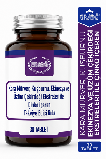 ERSAĞ Kara Mürver Kuşburnu Ekinezya Üzüm Çekirdeği ve Çinko İçeren Takviye Edici Gıda 30 Tablet